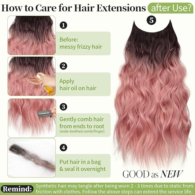 KooKaStyle Invisible Wire Hair Extensions with Transparent Headband Adjustable Size 4 Secure Clips Long Wavy Highlight Hairpiece 20 Inch Dark Brown to Rose Gold Ombre for Women