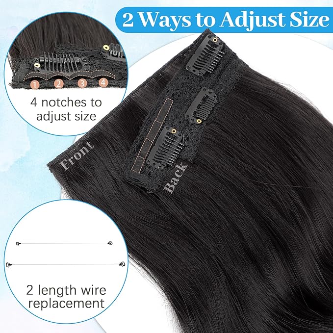 KooKaStyle Invisible Wire Hair Extensions with Transparent Wire Adjustable Size 6 Secure Clips Long Wavy Layered Synthetic Hair Extensions Natural Black 16 Inch