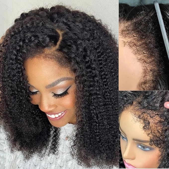 Julia Hair Bye Bye Knots Curly 4C Baby Hairs Lace Human Wig with Kinky Edges Hairline 7x5 Invisible Knots Pre Cut HD Lace Front Glueless Wig Pre Bleached Pre Plucked for Beginners 150% Density 16 Inch