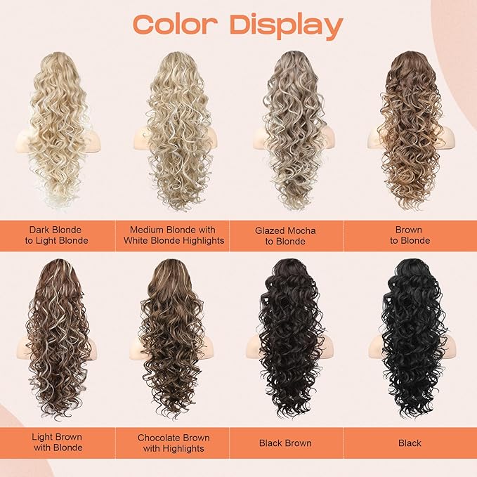 SEIKEA Ponytail Extension, 24" Fluffy Long Wavy Curly Claw Clip Hair Extensions Ponytail Multi-layered Clip in Fake Pony Tails Natural Soft Synthetic Hairpiece Dark Champagne Blonde