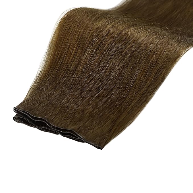 Fshine Genius Weft Hair Extensions Real Human Hair, 24 Inch 60g Chocolate Brown Thicker Seamless Hair Extensions Sew in Human Hair Straight Natural Remy Hair Double Weft
