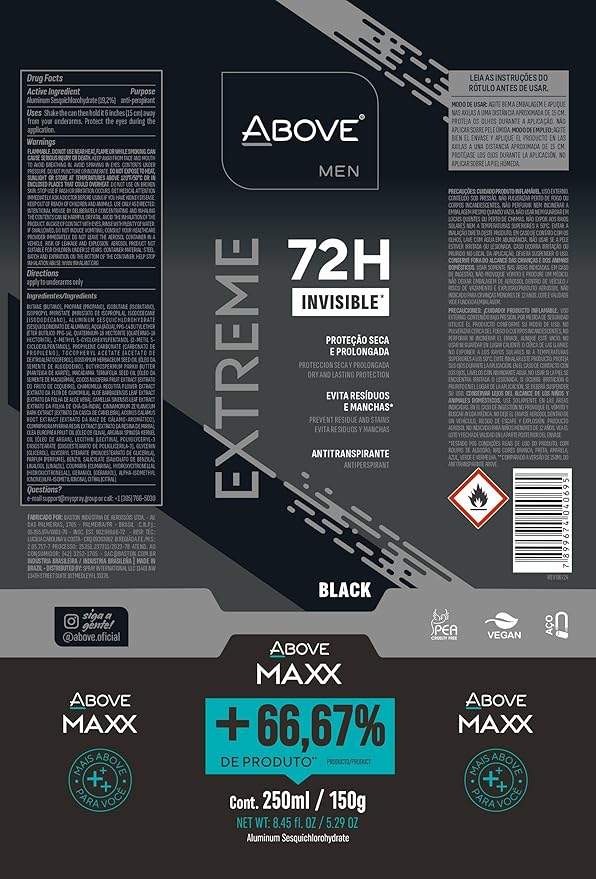 ABOVE Extreme Men Black MAXX - 72H Antiperspirant Spray Deodorant for Men 8.45 Fl Oz(4 Pack) | Aluminum-Free | Fresh Mist, No Stain & Alcohol, Long-Lasting Men's Deodorant Spray | Lavender and Oliban