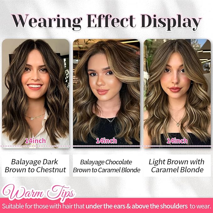KooKaStyle Short Hair Extensions 6PCS 14 Inch Wavy Curly Hairpieces Synthetic Soft Lace Weft Clip in Hair Extensions-Light Brown with Caramel Blonde for Women
