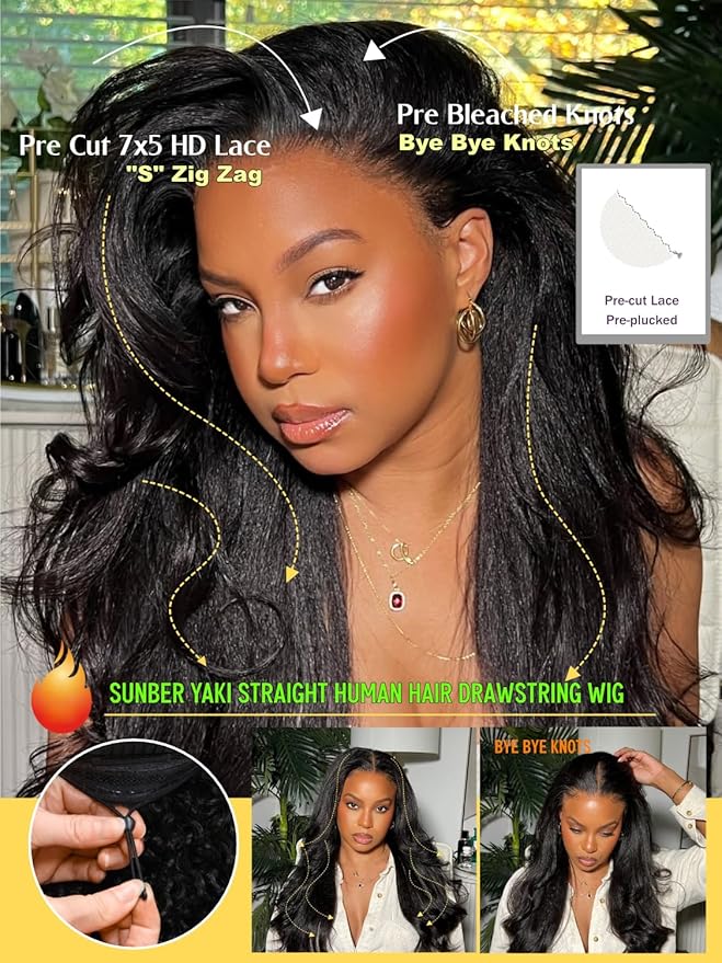 Sunber Yaki Straight Human Hair Bye Bye Knots Pre Cut 7x5 Lace Front Wigs with Drawstring Upgrade 3D Cap Put On and Go 3S Wear Glueless Yaki Wigs Pre Plucked Pre Bleached Invisible Knots 18Inch