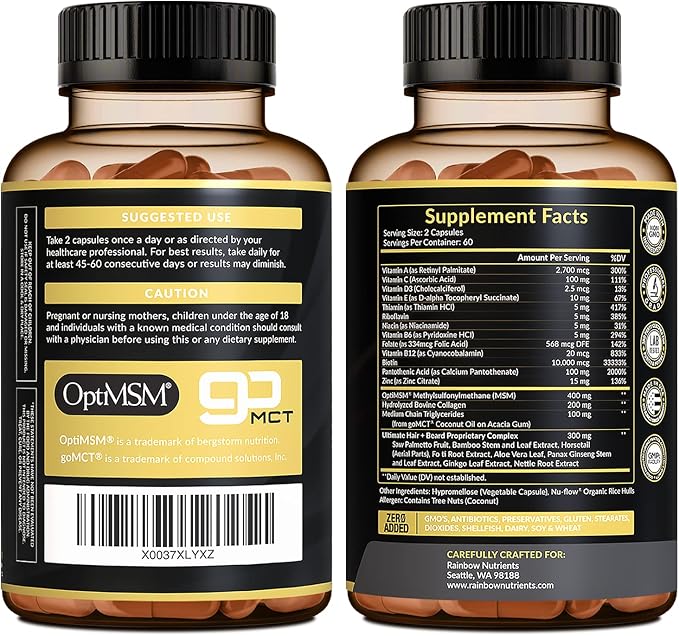 Hair + Beard Growth Vitamins for Men | Biotin 10,000mcg, Collagen, Patented OptiMSM®, goMCT®, Saw Palmetto | 60 Day Supply | Naturally Regrow Stronger, Thicker, Healthier Hair & Stops Hair Los