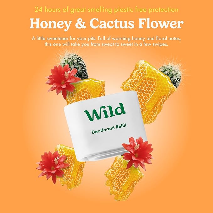 Wild Refillable Deodorant Starter Kit with Purple Case and Honey & Cactus Flower Scented Refill 1.4oz - Aluminum Free - Long Lasting Protection - Vegan