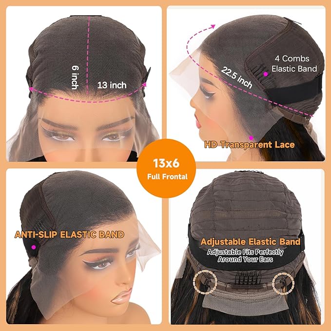 28 Inch 1B/27 13x6 Balayage Highlight Ombre Body Wave Lace Front Wigs Human Hair 200 Density Honey Blonde Colored HD Lace Frontal Glueless Wigs Human Hair Pre Plucked for Women Triple Lifespan 3X