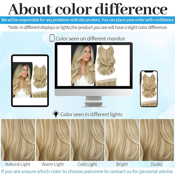 KooKaStyle Invisible Wire Hair Extensions Long Straight Layered Synthetic with Transparent Wire Adjustable Size 6 Secure Clips Hairpieces for Women 16 Inch (16 Inch, H1860A#Beige Blonde)