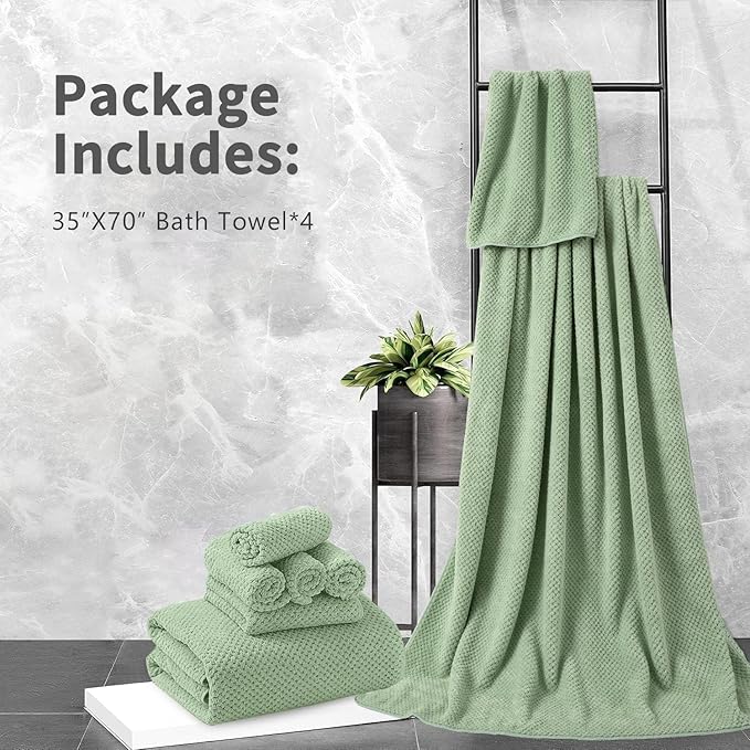 Extra Large Bath Towel Set of 4 (35"x70"),Oversized Bath Sheet Super Soft Highly Absorbent Jumbo Bathroom Towel Set Microfibers Quick Dry Shower Towel for Hotel,Bathroom,Guest,Spa,Gym (Green)