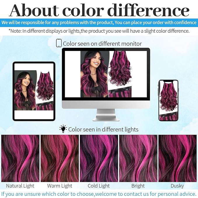 KooKaStyle Invisible Wire Hair Extensions 20"Long Wavy Layered Synthetic Clip in with Transparent Wire Adjustable Size 6 Secure Clips Black and Hot Pink Thick Hairpieces for Women 20 Inch