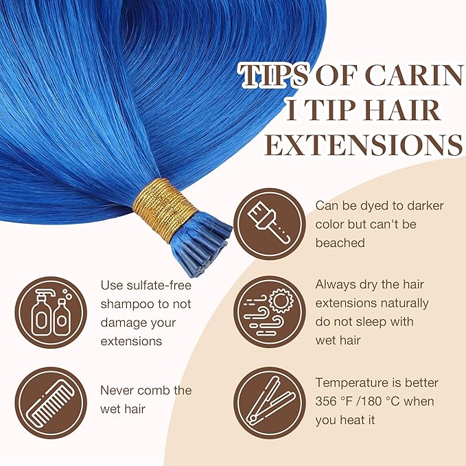 GOO GOO Colored I Tip Hair Extensions, Real Human Hair, 24inch 50g 50S, Cold Fusion I Tip, Invisible Remy, Blue
