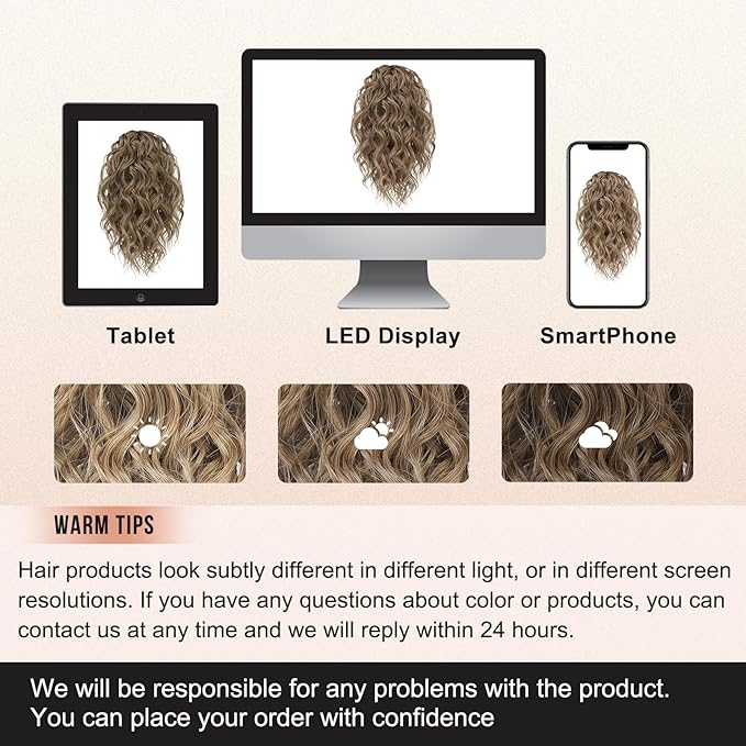 Flufymooz Ponytail Extension, 12" Short Claw Ponytail Extension Wavy Curly Jaw Clip in Pony Tail Hairpiece Natural Synthetic Hairpiece for Women (Brown Ash Blonde)