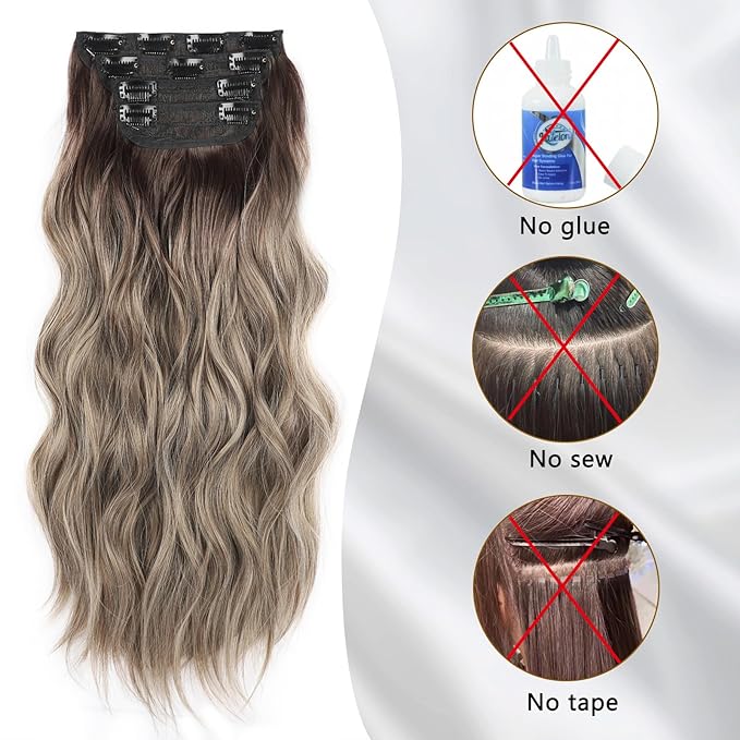 4PCS Thick Hairpieces Clip in Hair Extensions for Women Synthetic Clip in Long Wavy Hair Extension 20 Inch Double Weft Hairpieces Full Head For Women (20INCH, R6/88)
