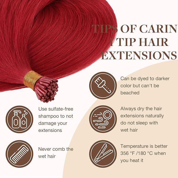 GOO GOO Colored I Tip Hair Extensions, Real Human Hair, 22inch 50g 50S, Cold Fusion, Invisible Remy, Red