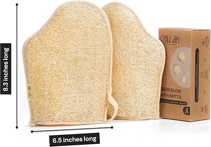 Chill Ah Green Glow Dual-Sided Loofah Bath Mitts (2-Pack) โ 100% Plant-Based, Dye-Free, Biodegradable, Handcrafted in Vietnam โ Natural Exfoliating Gloves for Glowing Skin