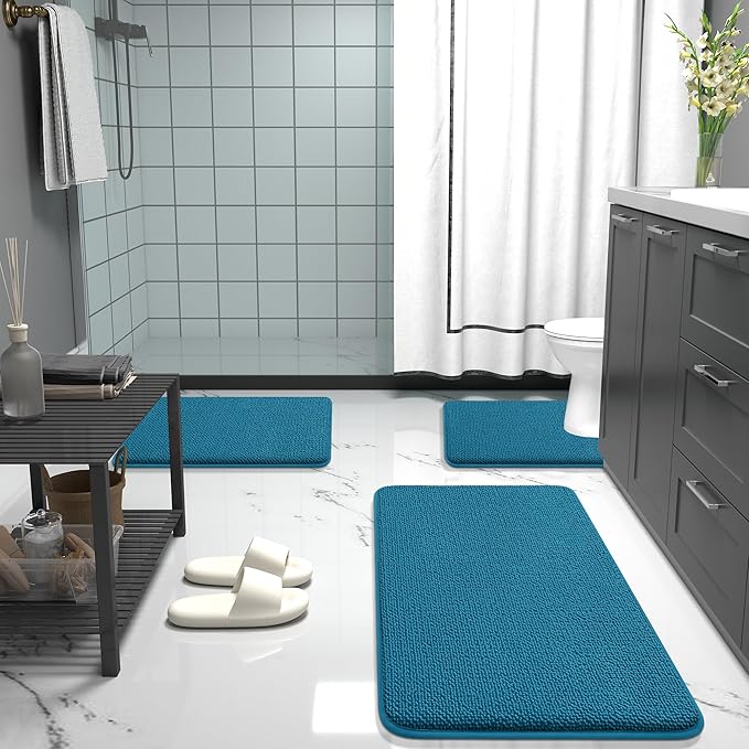 OLANLY Thick Memory Foam Bath Mat Rug 59x20, Extra Soft Absorbent Bathroom Rug, Quick Dry Bath Mat, Non-Slip, Machine Washable Carpet for Bathroom, Tub and Shower, Home Decor Accessories, Peacock Blue