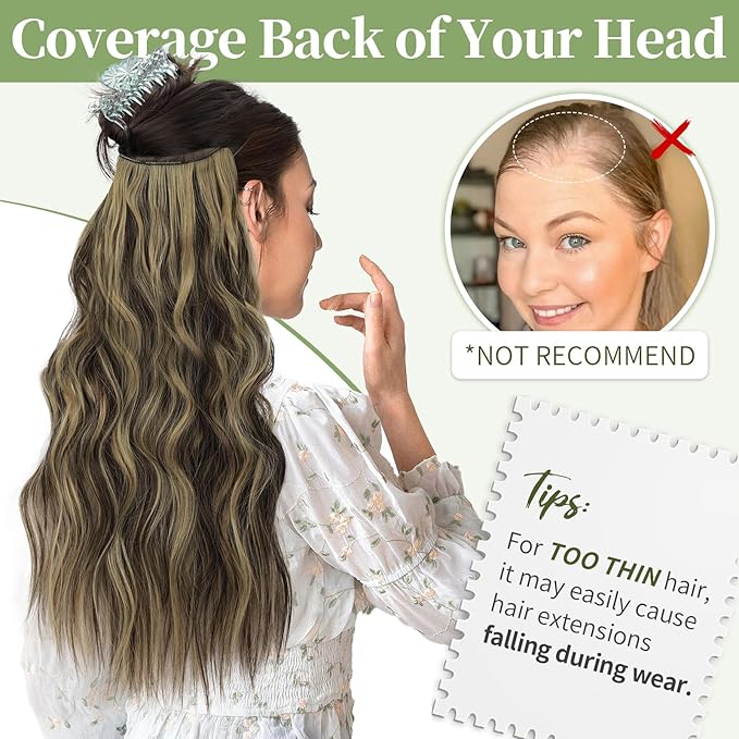 KooKaStyle Invisible Wire Hair Extensions with Transparent Headband Adjustable Size 4 Secure Clips Long Wavy Secret Wire Hairpiece 20 Inch Light Brown mix Ash Blonde P10/15A for Women