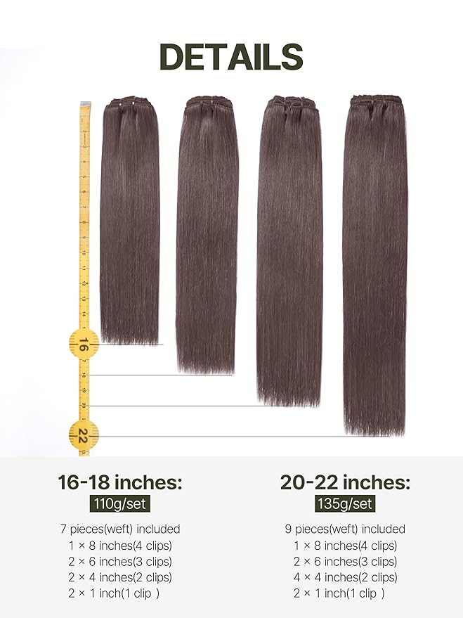 Frodio Clip Ins Hair Extensions Dark Brown 16 inches Real Human Hair Seamless Silk Long Straight Full Thick Virgin Brazilian Jet Black Natural Color Beauty For Women Can Be Body Wave 110g 7 Piece