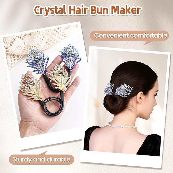 2 Pcs Bun Maker Crystal Hair Bun Maker French Twist Hair Disk for Women Feather Lazy Hair Curler Hair Accessories for Women Girls