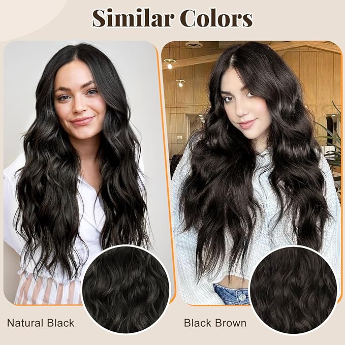 ALXNAN Clip in Long Wavy Synthetic Hair Extension 20 Inch Black Brown 4PCS Thick Hairpieces Fiber Double Weft Hair for Women