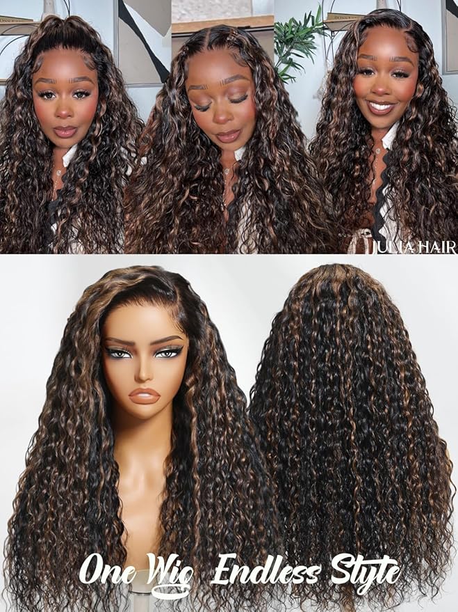 Julia Hair Golden Brown Highlight Deep Water Wave 7x5 Bye Bye Knots HD Lace Closure Glueless Wigs Human Hair Pre Plucked Pre Cut Natural Hairline Ready to Go for Beginners 26 Inch