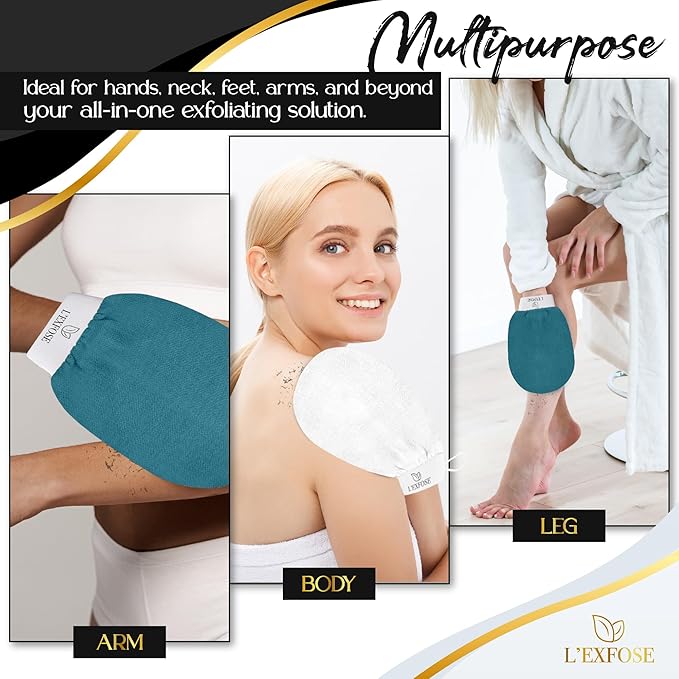 L'Exfose Kessa Hammam Deep Exfoliating Glove for Shower - Korean Exfoliating Mitt Body Scrubber Ideal for Dead Skin Remover, Keratosis Pilaris & Self-Tanning (Cyan Blue & Ivory)