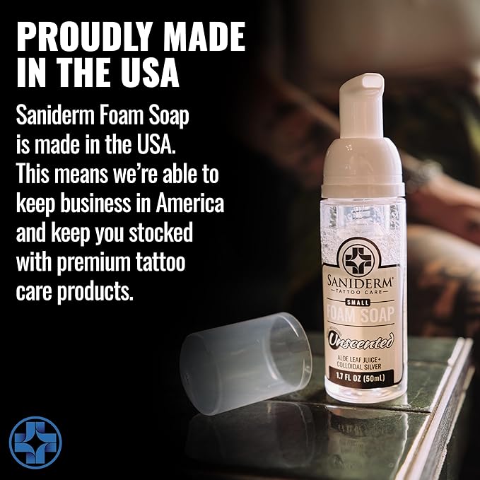 Saniderm Foaming Tattoo Soap (1.7oz Travel Size) – Gentle Soap for Tattooed Skin, Infused with Antimicrobial Colloidal Silver, Aloe Vera, and Nourishing Sea Buckthorn Oil