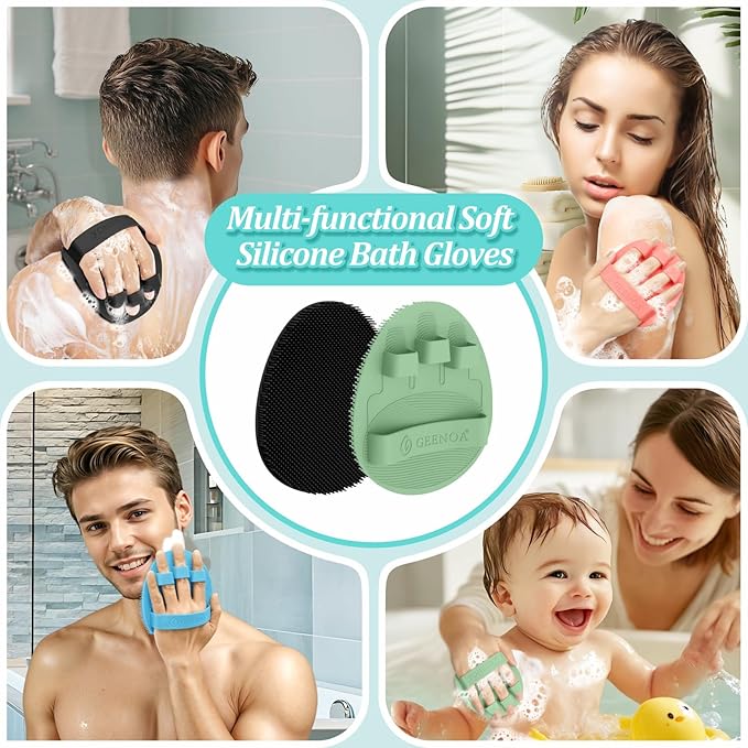 Soft Silicone Bath Gloves 2PC, 360° Anti-Slip & Enlarged Silicone Body Scrubber for Rich Foaming Deep Cleaning, Revolutionary No-Grip & Hand-fit Shower Scrubber for All Skin Types(Black+Green)