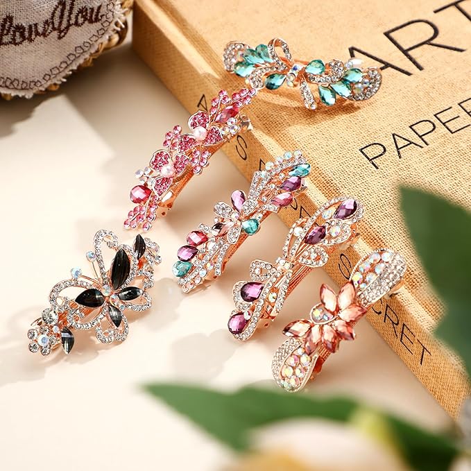 Geyoga 6 Pieces Vintage Hair Barrettes for Women Retro Flower French Pearl Crystal Rhinestones Clips Hair Pins for Women Styling Accessories(Bright Style)