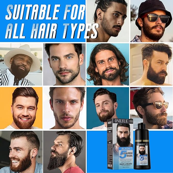 Mens Beard Dye for Men, 5 Minutes Black Beard Dye Shampoo 3 in 1, Mustache & Beard Color for Mens Gray Hair Coverage, Long Lasting & Easy Use, Root Touch Up Simpler Hair Color For Men, 200ML