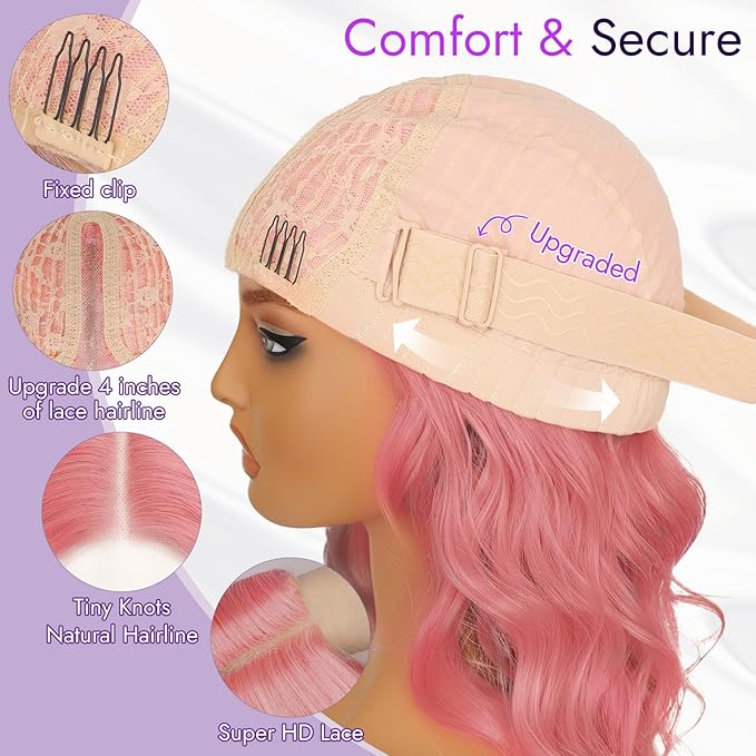 Dirty Pink Short Wavy Wig for Women Lace Hairline Bob Style Synthetic Heat Resistant - Natural Appearance for Everyday Hairstyle 14 Inch