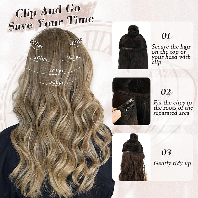 BARSDAR Black with Blonde Highlight Wavy Clip in Hair Extensions - Beach Wavy Clip in Hair Extensions for Women - 16 Inch 6 PCS Thick Soft Synthetic Highlights Hairpieces Daily Party Halloween