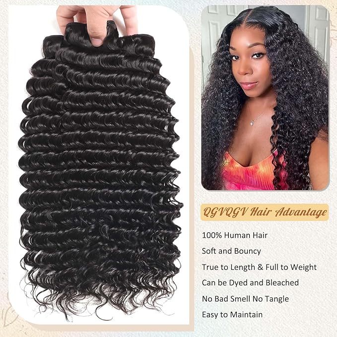 Deep Wave 4 Pcs Human Hair 100% Unprocessed Brazilian Virgin Remy Hair Bundles 12A Deep Curly Weave Human Hair Bundles Double weft Deep Wave Natural Black Color 24 26 28 30 lnch