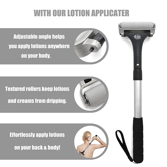 EASACE Lotion Applicator for Back & Body, Long Handle 21.5inch Adjustable Lotion Roller with 2 Replacement Roller for Back self(Silver)