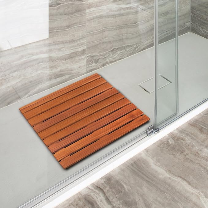 VaeFae Teak Shower Mat, Non-Slip Bath Mat, Luxury Spa Mat, Wooden Mat for Bathtub, 20 x 20 in