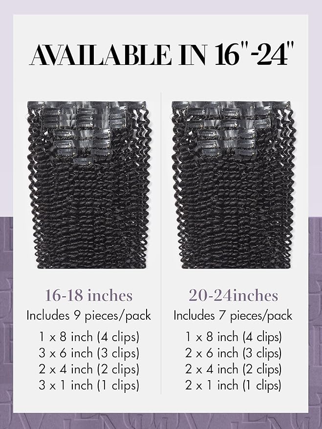 LUVME Kinky-curly Seamless 2 Pack 18inch 270g 18Pcs Clip in Hair Extensions Full Head with Remy Human Hair Extensions, Natural Black Hair for Women