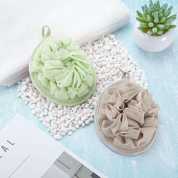 Boao 3 Pcs Bath Shower Pouf Sponge Mesh Pouf Shower Ball Exfoliating Body Sponge Pad Scrubber Glove with Flower Bath Ball (Green,Khaki,Dark Brown)