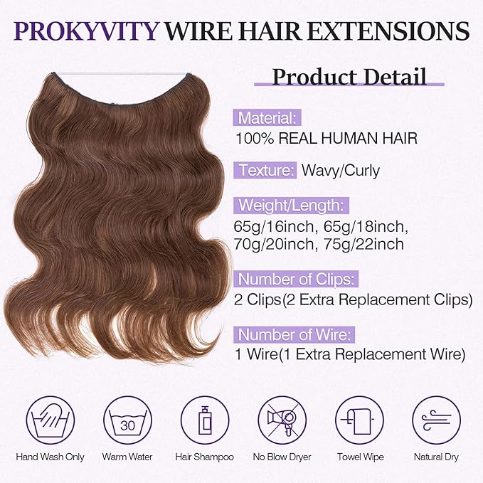 Halo Hair Extensions Real Human Hair,Halo Hair Extension 100% Human Hair,Wire Hair Extensions,Wavy 04 Medium Brown 65g/16inch
