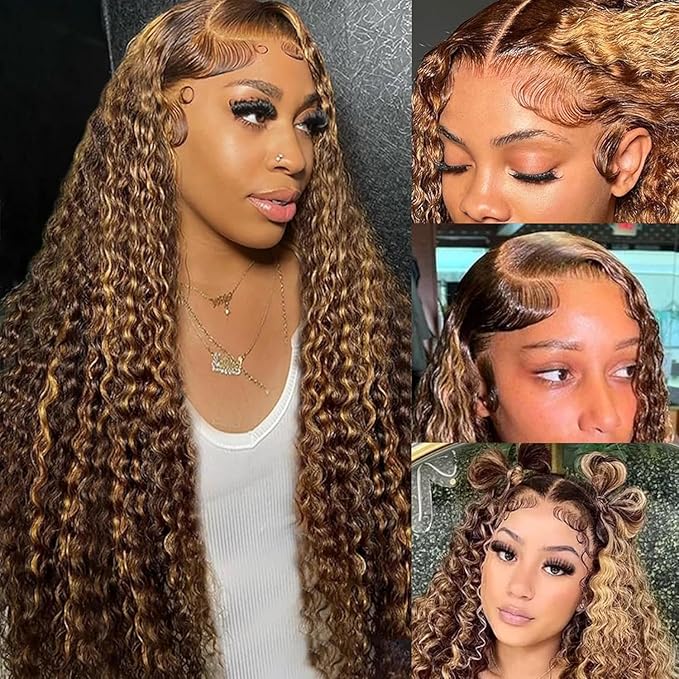 5x5 Highlight Water Wave Closure Wigs Human Hair 180% Density Curly Human Hair Wig Pre Plucked 18inch P4/27 Ombre 5x5 HD Lace Closure Wigs for Women(427curly 18inch)