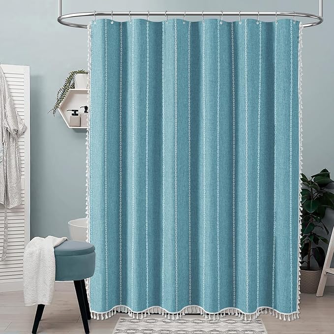 BTTN Extra Long Shower Curtain, 72x84 Boho Rustic Striped Linen Fabric Shower Curtain Set with Tassel, Tall Farmhouse Luxury Water Resistant Cloth Shower Curtain for Bathroom with Hooks, Teal