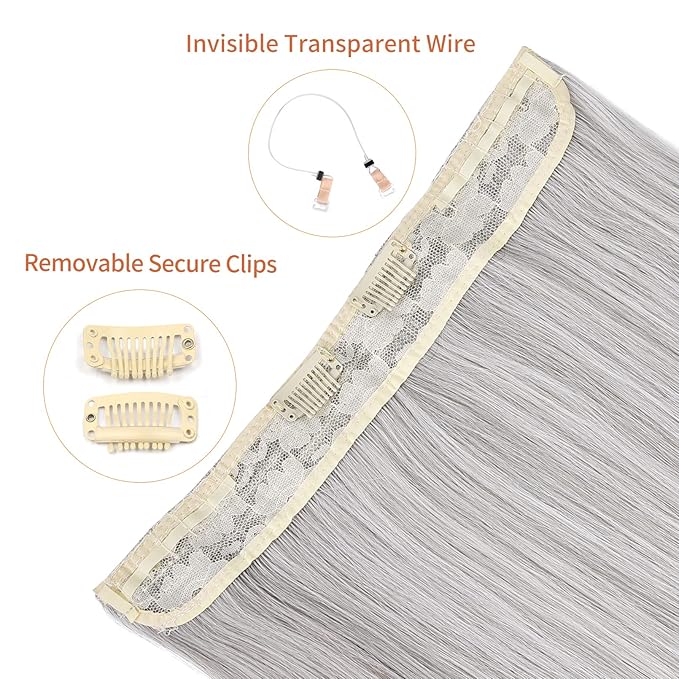 REECHO Invisible Wire Hair Extensions with Transparent Headband Adjustable Size Removable Secure Clips in Straight Secret Hairpiece for Women (14 Inch (Pack of 1), Silver Grey