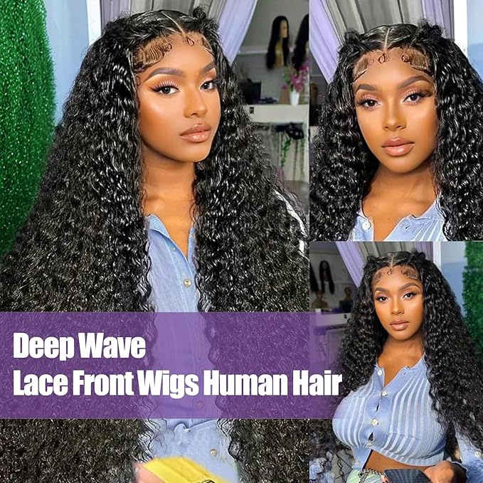 13x6 Lace Front Wigs Human Hair Pre Plucked 200% Density Deep Wave Lace Front Wigs Human Hair for Women Curly Wig HD Lace Frontal Wigs 26 Inch