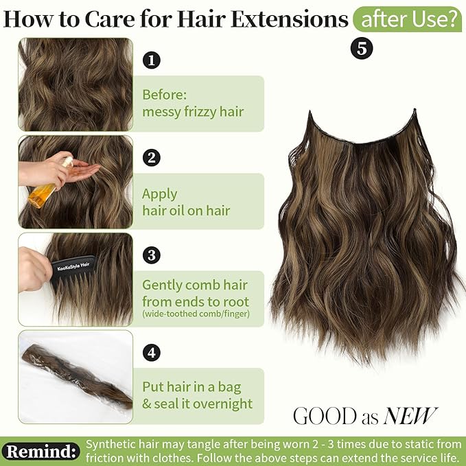 KooKaStyle Invisible Wire Hair Extensions with Transparent Headband Adjustable Size 4 Secure Clips Long Wavy Highlight Hairpiece 12 Inch Balayage Chocolate Brown to Caramel Blonde for Women