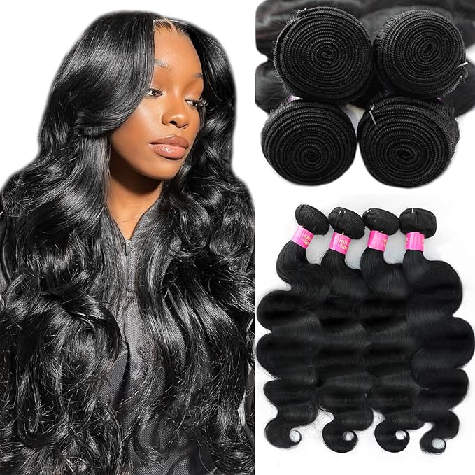 12A Body Wave Bundles Human Hair 4 Bundle 26 28 30 32 Inch 100% Unprocessed Brazilian Virgin Hair Quick 4 Bundles Wavy Bundles Human Hair Natural Black