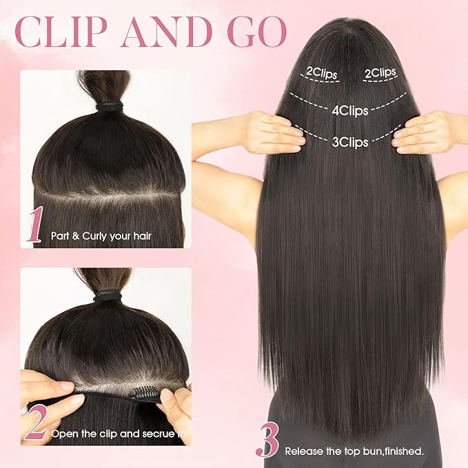 Clip in Synthetic Hair Extensions Long straight 4PCS Thick Hairpieces Nature Black Fiber Double Weft Natural Hair Extensions 22 Inch for Women