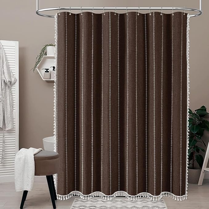BTTN Boho Farmhouse Shower Curtain - Linen Rustic Heavy Duty Striped Fabric Shower Curtain Set, Bohemian Vintage Country Cloth Shower Curtains for Bathroom, Brown, 72" W x 78" L (Pack of 1)