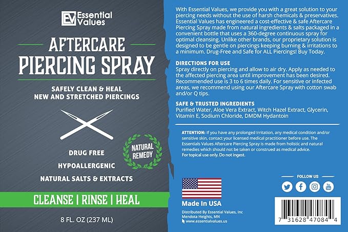 Essential Values 2 Pack Piercing Aftercare Spray (8 OZ Per Bottle) - Gentle on Contact - Made in USA