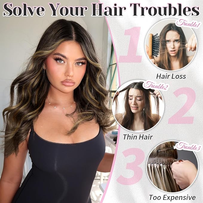 KooKaStyle Short Hair Extensions 6PCS 14 Inch Wavy Curly Hairpieces Synthetic Soft Lace Weft Clip in Hair Extensions-Balayage Dark Brown to Chestnut for Women