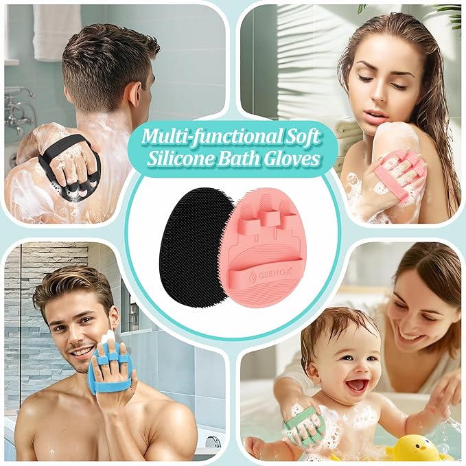 Silicone Back Scrubber & Bath Glove Set 2PCS, 13.4'' Gentle Shower Back Scrubber with Dual-Side Head Non-Slip Handle, 360° Anti-Slip Hand-fit Bath Glove for Rich Foaming Deep Cleaning(Pink)