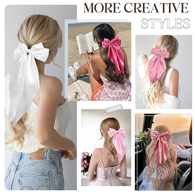 Pink Big Hair Bow for Women - 5Pcs Large Hair Clips for Girls Silky Satin BowsSet, Oversized Long Tail Cute Hair Ribbons Barrettes Aesthetic Hair Accessories Hairbows Gifts